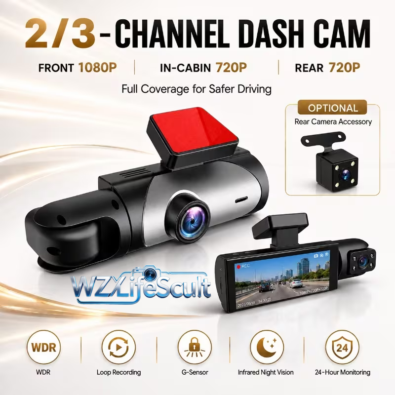 Panoramic Dash Cam 360 - 2/3チャンネルHDドライブレコーダー、フロント1080p＋車内720p＋リア720p、WDR、ループ録画、Gセンサー、赤外線ナイトビジョン、24時間駐車監視、オプションのリアカメラ、360度 ° オールラウンド保護