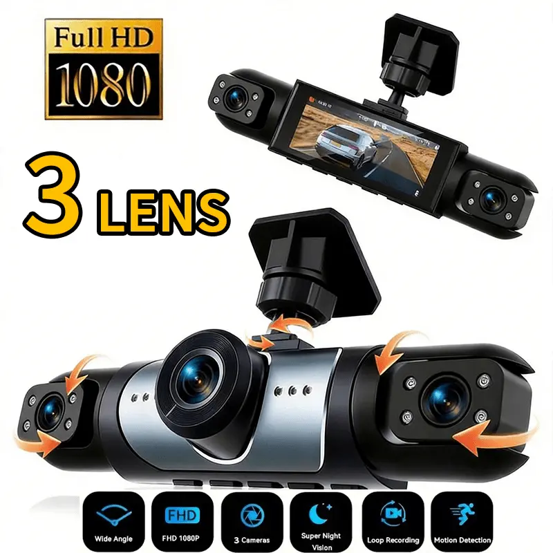 Panoramic Dash Cam 360 - 360 ° パノラマ3チャンネルドライブレコーダー、Gセンサー、24時間駐車監視機能付き；SDカードは含まれていません