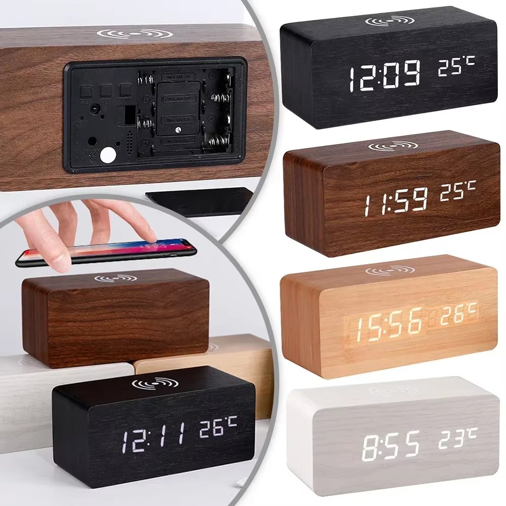 Modern Electronics Gadgets - LEDデジタル木製USB/AAA電源テーブルクロック、温度計付き、ワイヤレス充電機能搭載電子デスククロック