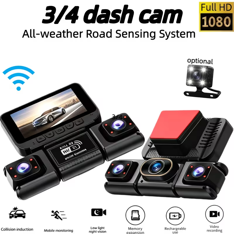 Panoramic Dash Cam 360 - 3/4CH WiFi 360 ° パノラマダッシュカム、1080P+720Pマルチレンズ、動体検知24時間駐車監視