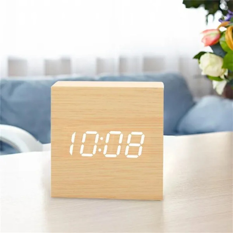 音声制御デジタル電子時計発光スマートLED木製目覚まし時計多 - Modern Electronics Gadgets のレビューと価格