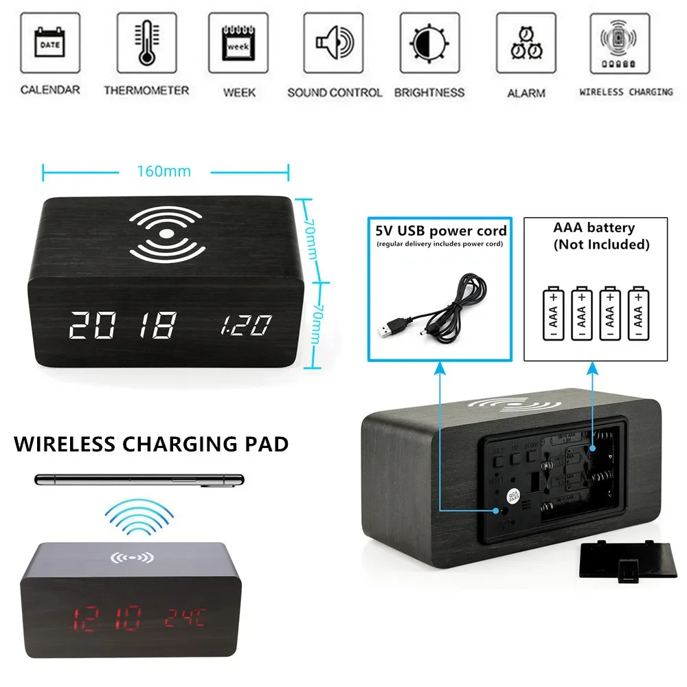 LEDデジタル木製USB/AAA電源テーブルクロック、温度計 - Modern Electronics Gadgets のレビューと価格